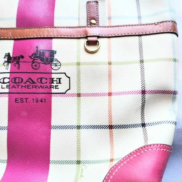 Coach Heritage Fuchsia Stripe Multi Plaid Tattersall Tote. - Picture 5 of 14